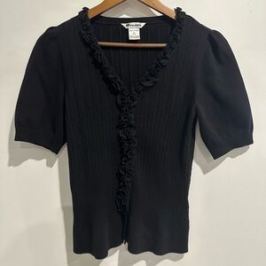 NYGARD COLLECTION Black Knit Puff Sleeve Ruffle Trim Cardigan Size Medium Petite